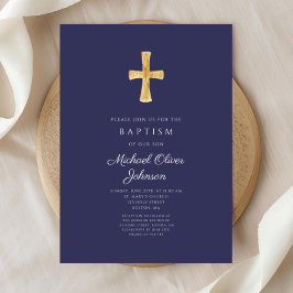 Moderne Marine Blauw Religieus Kruis Jongen Doop Kaart