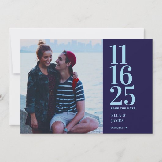 Moderne Marine Blauw Twee Foto's Trouwen Save the  Save The Date (Voorkant)