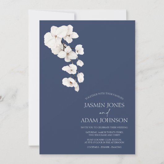 Moderne Marine Blauw Wit Orchideeën Bloemen Bruilo Kaart (Voorkant)