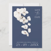 Moderne Marine Blauw Wit Orchideeën Bloemen Bruilo Save The Date (Voorkant)