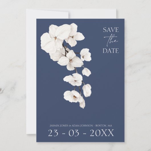 Moderne Marine Blauw Wit Orchideeën Bloemen Bruilo Save The Date (Voorkant)