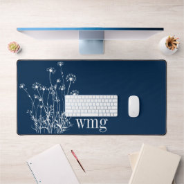Moderne Marine Blauw & Wit Wildbloemen Monogram Bureaumat