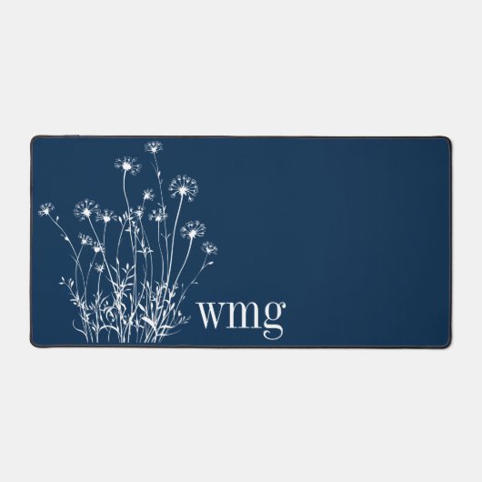 Moderne Marine Blauw & Wit Wildbloemen Monogram Bureaumat (Voorkant)