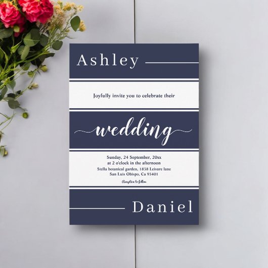 Moderne Marine Blauw Witte Strepen Elegante Huweli Kaart