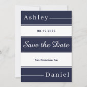 Moderne Marine Blauw Witte Strepen Elegante Huweli Save The Date (Voorkant)