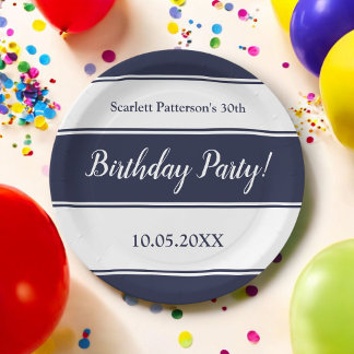 Moderne Marine Blauw Witte Strepen Elegante Verjaa Papieren Bordje