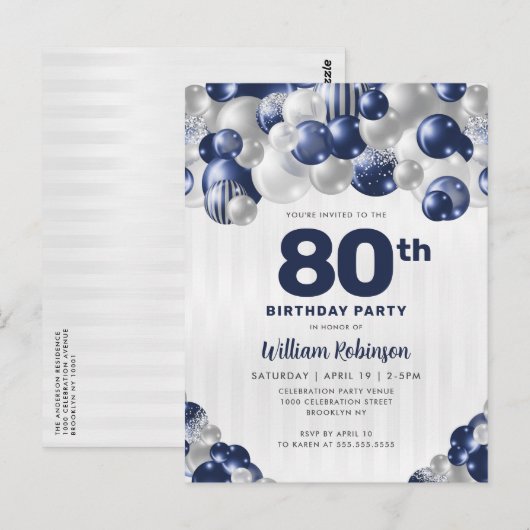 Moderne Marine Blauw Zilver Glitter Ballon Verjaar Briefkaart (Voorkant / Achterkant)