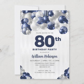 Moderne Marine Blauw Zilver Glitter Ballon Verjaar Kaart