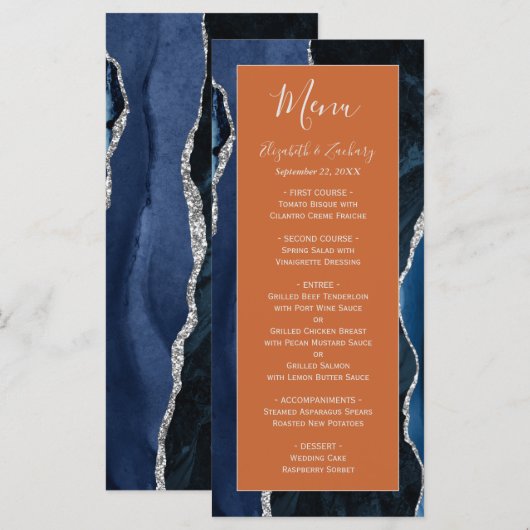 Moderne Marine Blauw Zilveren Agaat Rust Wedding Menu (Voorkant / Achterkant)
