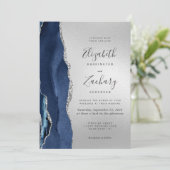 Moderne Marine Blauwe Agaat Zilveren Huwelijk Kaart (Staand voorkant)