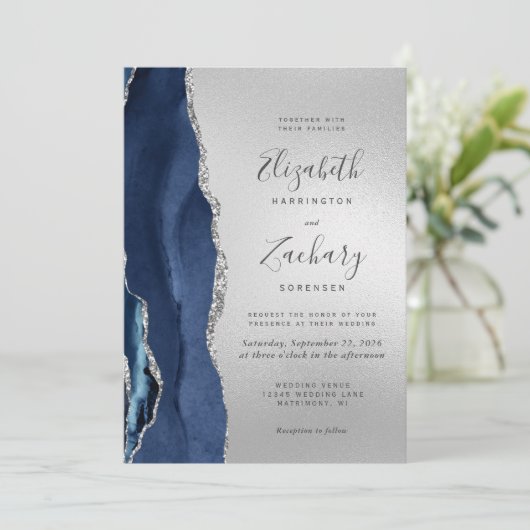 Moderne Marine Blauwe Agaat Zilveren Huwelijk Kaart (Staand voorkant)
