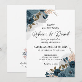 Moderne marine blauwe bloemen bruiloft kaart
