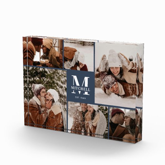 Moderne Marine Blauwe Familie Fotocollage Keepsake Fotoblokken (Rechts)