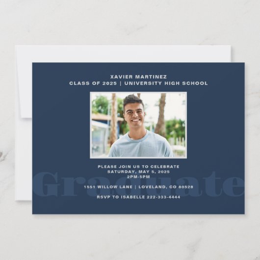 Moderne Marine Blauwe Foto Afstuderen Party Uitnod Kaart (Achterkant)