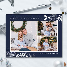 Moderne Marine Blauwe Fotocollage Vrolijk Kerstfee Briefkaart