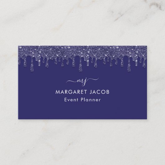 Moderne Marine Blauwe Glitter Drip Custom Visitekaartje (Voorkant)
