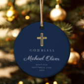 Moderne marine blauwe jongen doop foto keramisch ornament