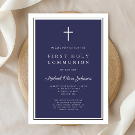 Moderne Marine Blauwe Kruis Jongen Eerste Communie Kaart