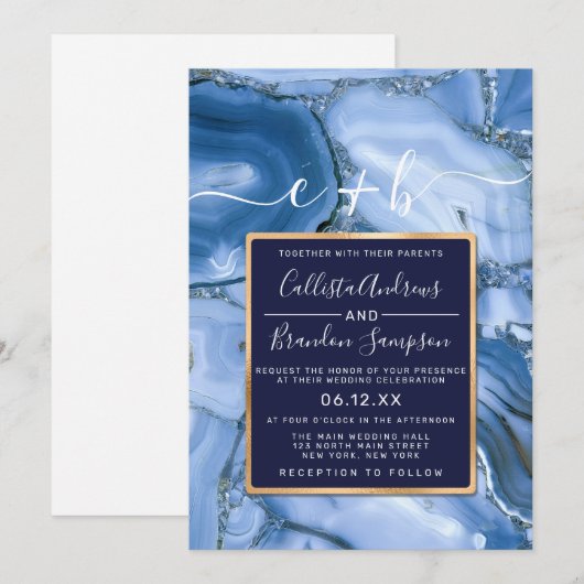 Moderne Marine Blauwe Marmeren Agaat Monogram Huwe Kaart (Voorkant / Achterkant)