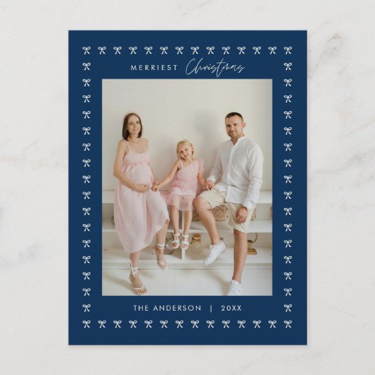 Moderne Marine Blu Bow Patroon Familie Foto Kerstm Briefkaart (Voorkant)