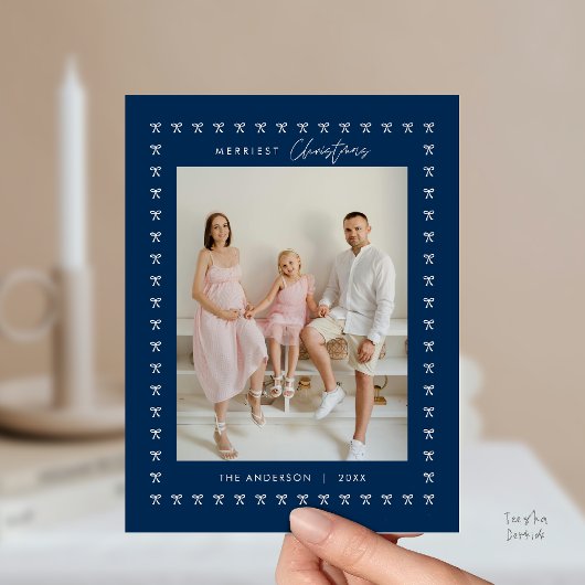 Moderne Marine Blu Bow Patroon Familie Foto Kerstm Briefkaart