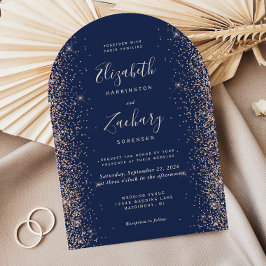Moderne Marine Blue Peach Glitter Arch Wedding Kaart