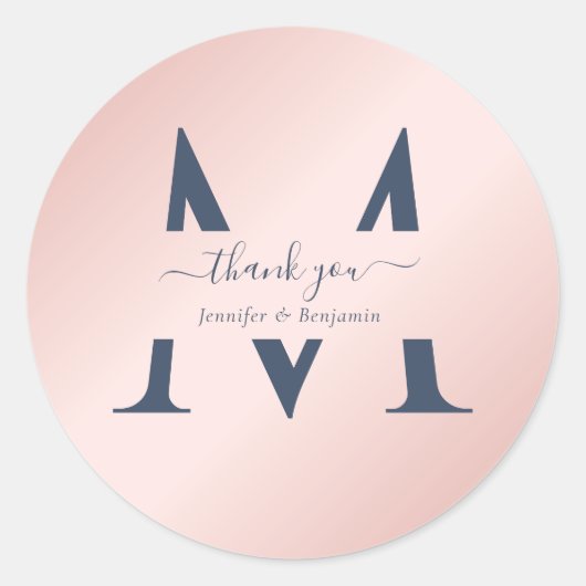 Moderne Marine Blush Monogram bruiloft gunst dank Ronde Sticker (Voorkant)
