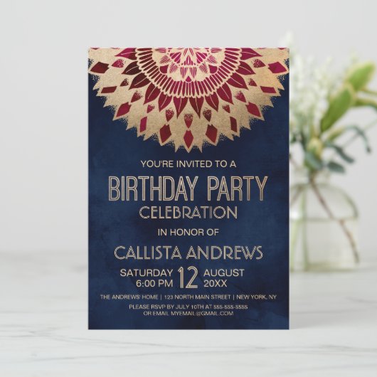 Moderne Marine Bourgondië Gouden Bloemen Mandala V Kaart (Staand voorkant)