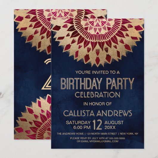 Moderne Marine Bourgondië Gouden Bloemen Mandala V Kaart (Voorkant / Achterkant)