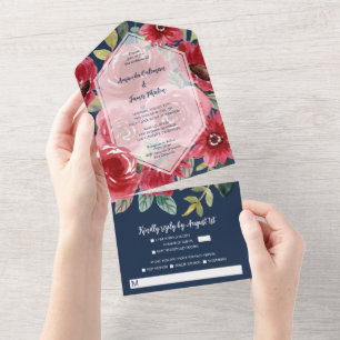 Moderne  marine Burgundy Red Floral Wedding All In One Uitnodiging