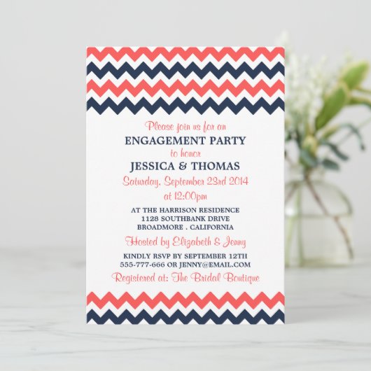 Moderne marine & Coral Chevron Engagement Party Kaart (Staand voorkant)