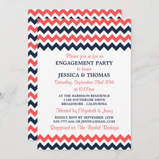 Moderne marine & Coral Chevron Engagement Party Kaart (Voorkant / Achterkant)