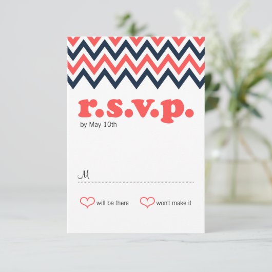 Moderne marine & Coral Chevron & Lovevogels RSVP (Staand voorkant)