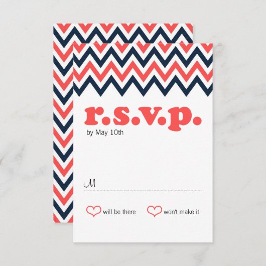 Moderne marine & Coral Chevron & Lovevogels RSVP (Voorkant / Achterkant)