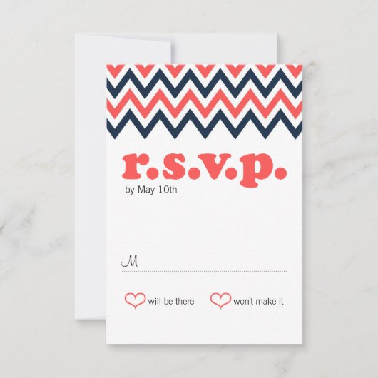 Moderne marine & Coral Chevron & Lovevogels RSVP Kaartje (Voorkant)