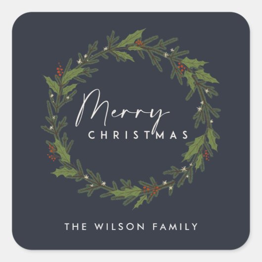 MODERNE MARINE ELEGANTE HOLLY BERRY KRANS KERSTMIS VIERKANTE STICKER (Voorkant)