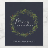 MODERNE MARINE ELEGANTE HOLLY BERRY KRANS KERSTMIS WIJN ETIKET (Enkel label)