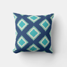 Moderne marine en Aqua Blue Diamond Ikat Pattern Buitenkussen