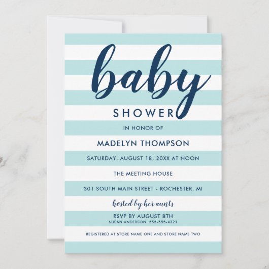 Moderne marine en Aqua Blue Stripes Baby Shower Kaart (Voorkant)