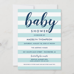 Moderne marine en Aqua Blue Stripes Baby Shower Kaart
