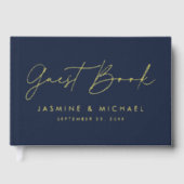 Moderne Marine en Gouden Folie Script Fotobruiloft Gastenboek (Voorkant)