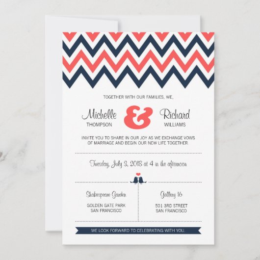 Moderne marine en koraal Chevron & Lovevogels brui Kaart (Voorkant)