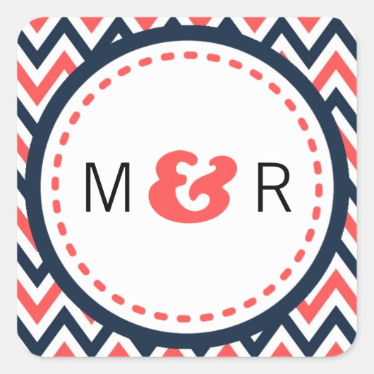 Moderne marine en koraal Chevron & Lovevogels brui Vierkante Sticker (Voorkant)