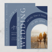 Moderne marine en stoffige blauwe boog foto bruilo kaart (Voorkant / Achterkant)