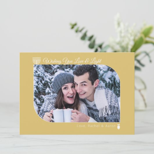 Moderne marine & Gold Love & Light Hanukkah Foto Feestdagenkaart (Staand voorkant)
