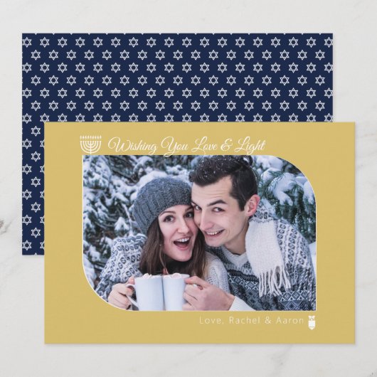 Moderne marine & Gold Love & Light Hanukkah Foto Feestdagenkaart (Voorkant / Achterkant)
