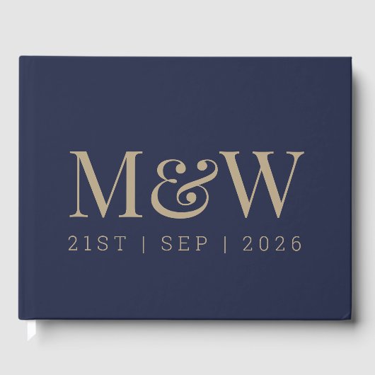 Moderne Marine Goud Monogram Bruiloft Gastenboek (Voorkant)