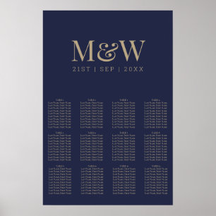 Moderne Marine Goud Monogram Bruiloft Zitting Graf Poster