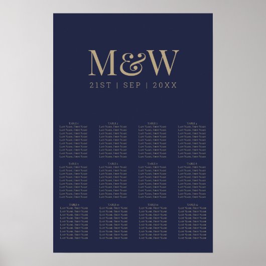 Moderne Marine Goud Monogram Bruiloft Zitting Graf Poster (Voorkant)