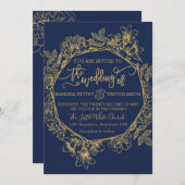 Moderne Marine & Gouden folie bloemenbruiloft Kaart (Voorkant / Achterkant)